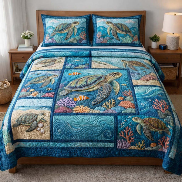 Tranquil Turtle quilted 3-piece bedding set on a made bed in a light coastal bedroom
