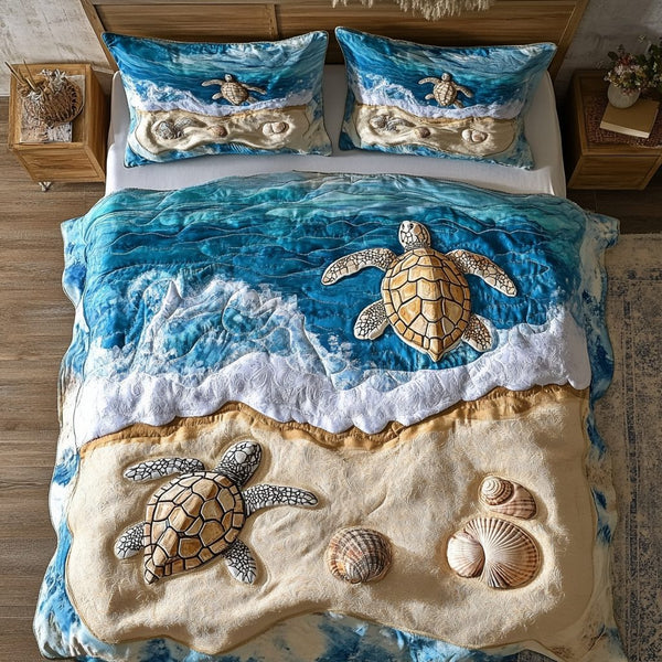 Tranquil Turtle quilted 3-piece bedding set on a made bed in a light coastal bedroom
