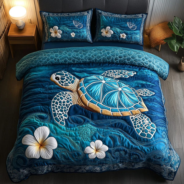 Tranquil Turtle quilted 3-piece bedding set on a made bed in a light coastal bedroom