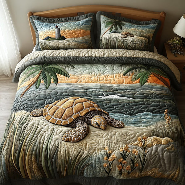 Tranquil Turtle quilted 3-piece bedding set on a made bed in a light coastal bedroom