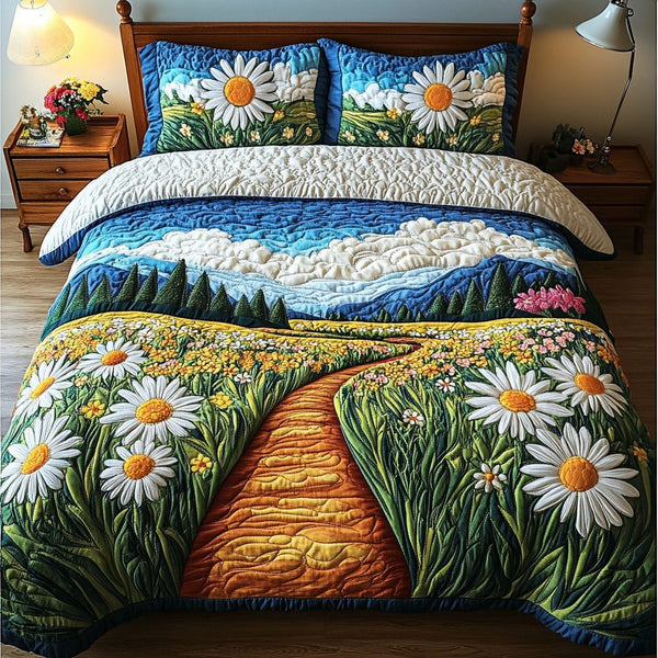 Tranquil Valley quilted 3-piece bedding set on a made bed with two matching pillow shams