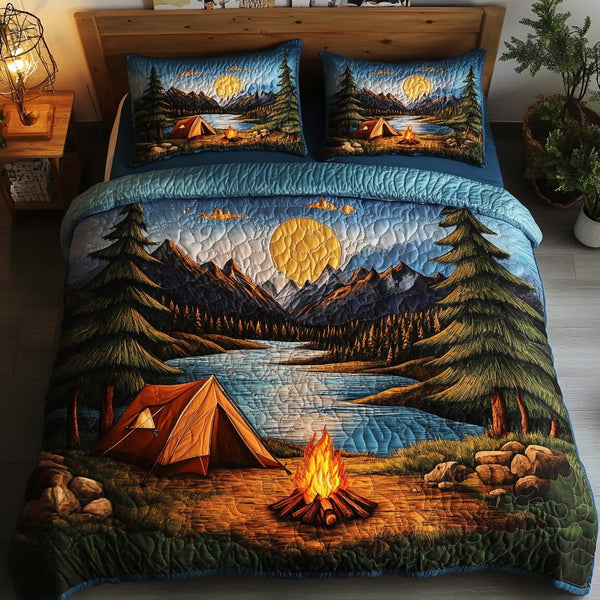 Tranquil Views quilted 3-piece bedding set on a made bed with two matching pillow shams