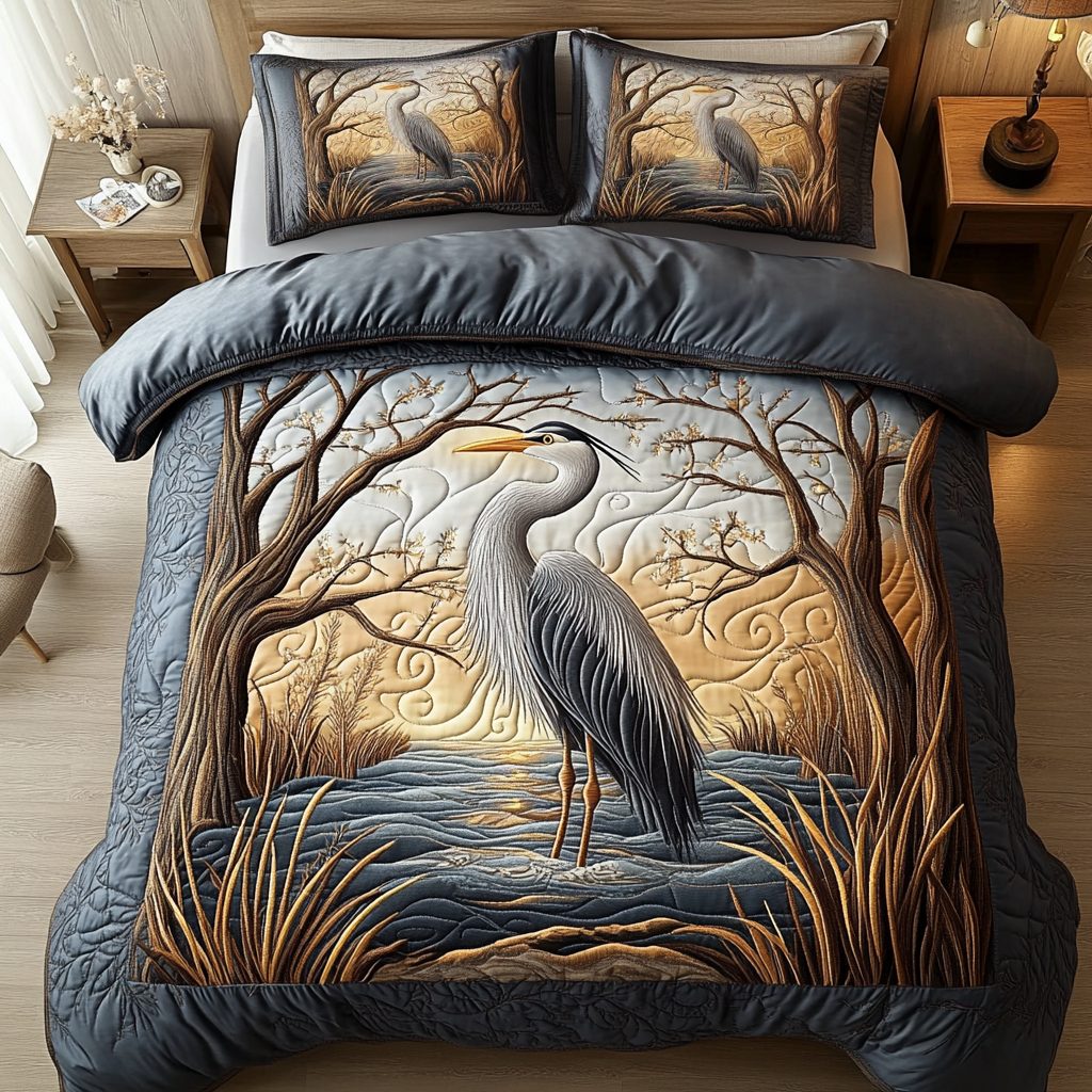 Tranquil Waters quilted 3-piece bedding set on a made bed with two matching pillow shams