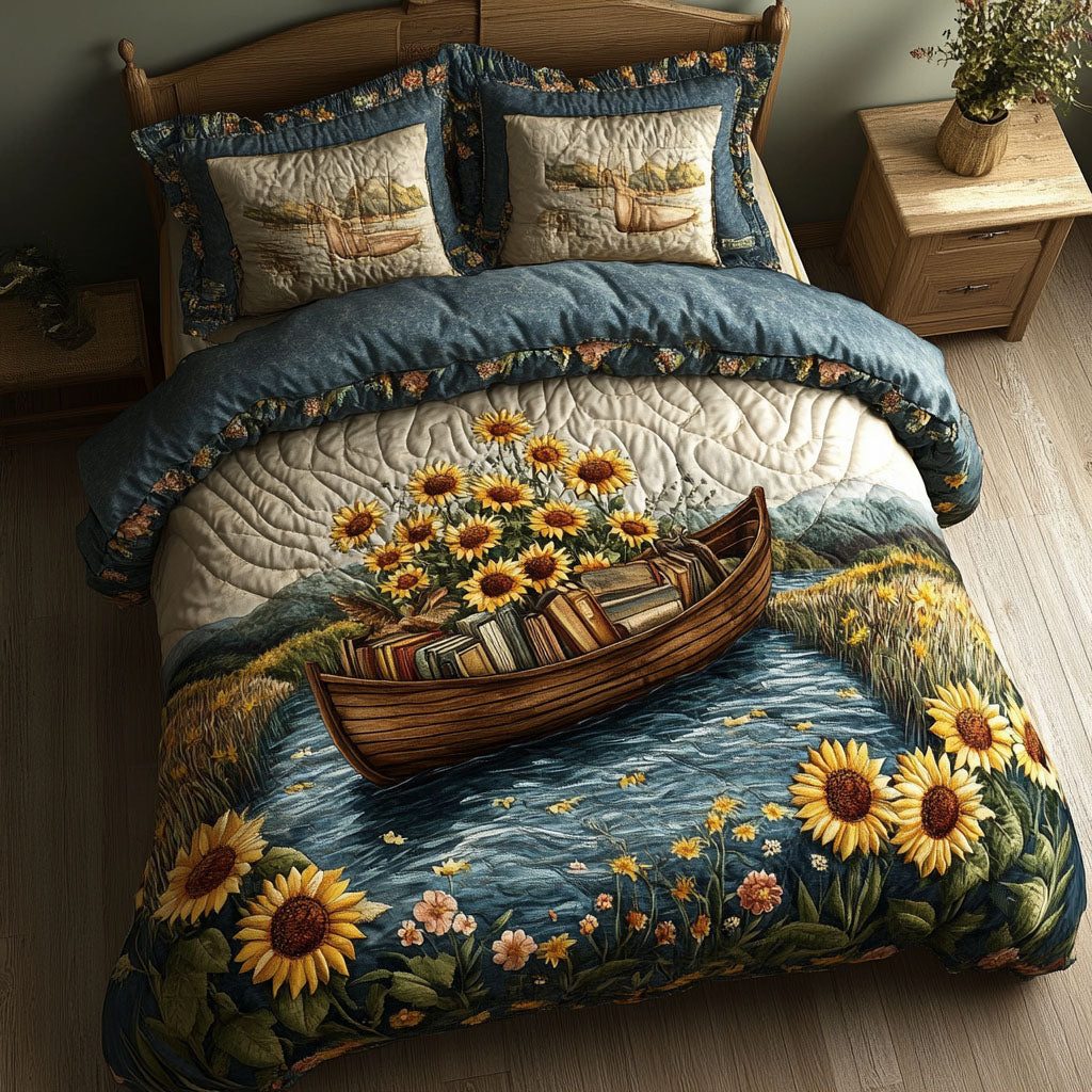 Tranquil Waterscape quilted 3-piece bedding set on a made bed with two matching pillow shams