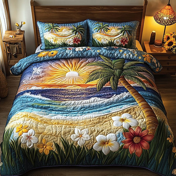 Tranquil Waves quilted 3-piece bedding set on a made bed in a light coastal bedroom