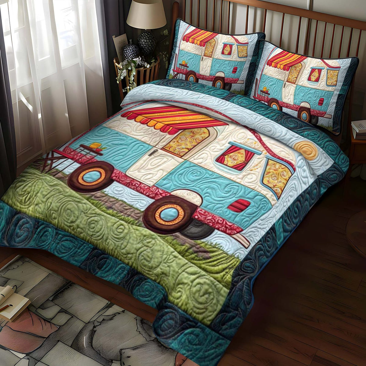 Tranquil Woods quilted 3-piece bedding set on a made bed with two matching pillow shams