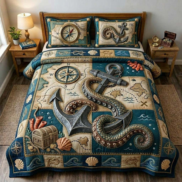 Treasure Map Kraken quilted 3-piece bedding set on a made bed with two matching pillow shams