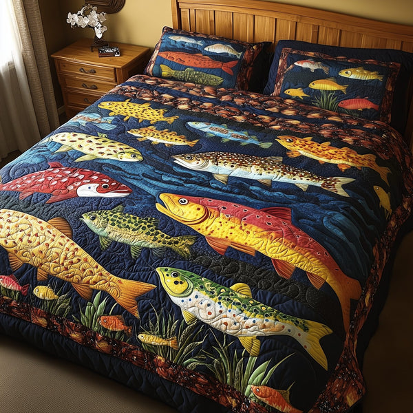 Treasuresfish-3-Piece-Quilted-Bedding-Set quilted 3-piece bedding set on a made bed with two matching pillow shams