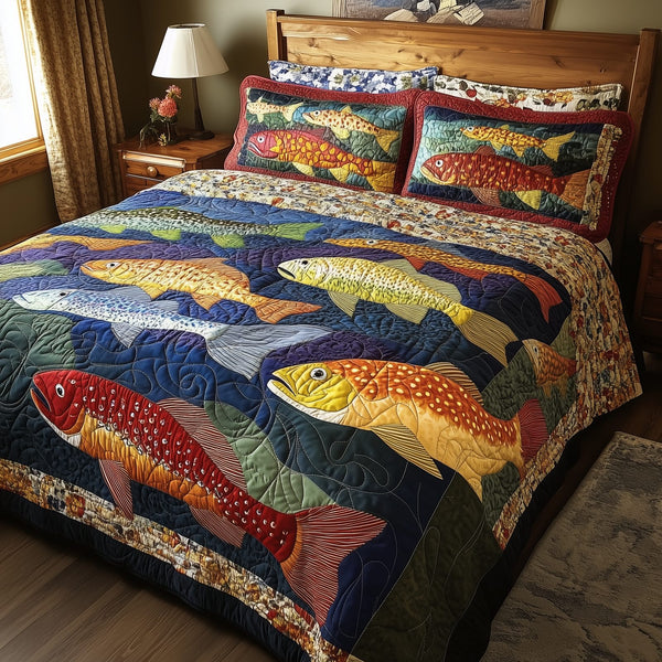 Treasuresfish quilted 3-piece bedding set on a made bed with two matching pillow shams