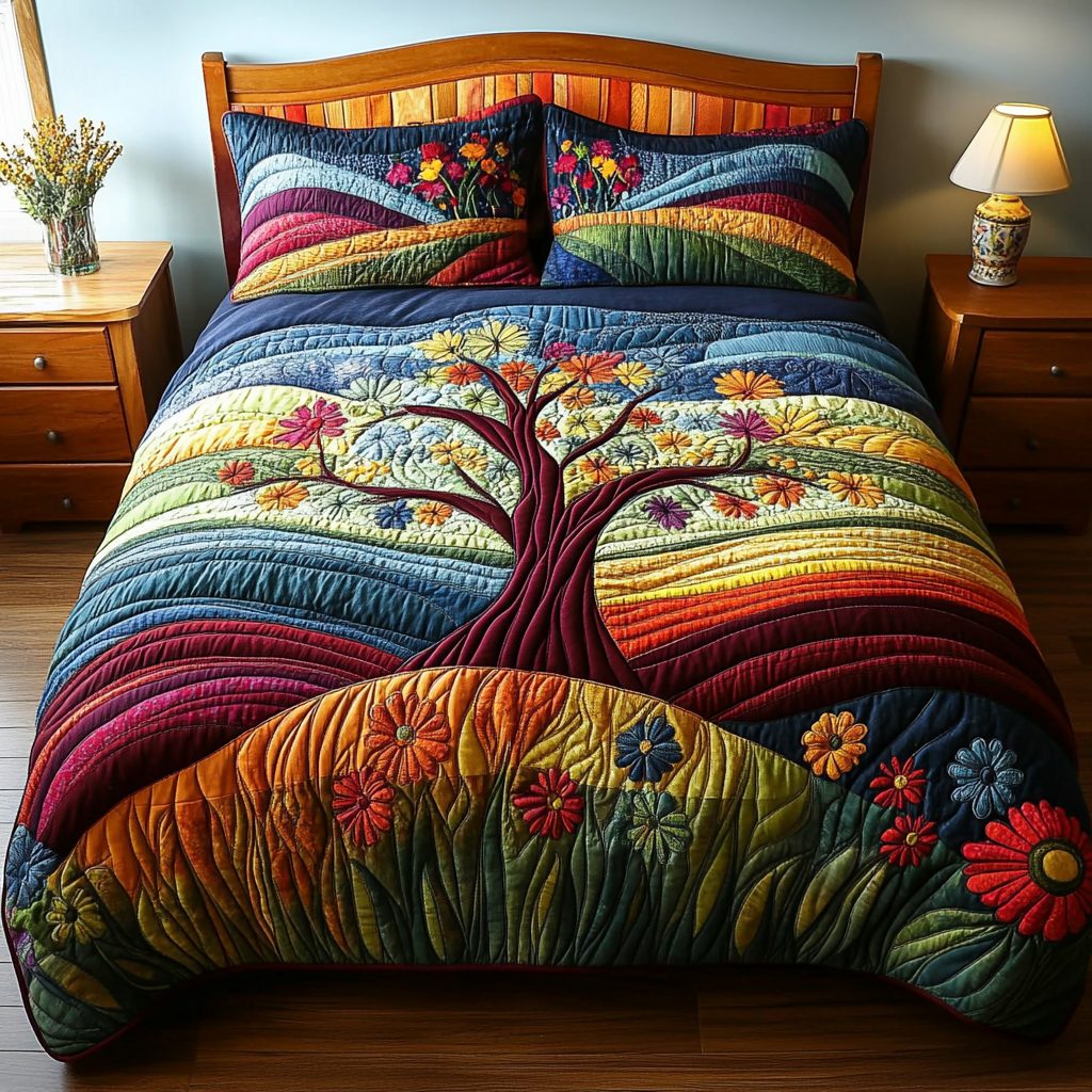 Tree Dreamscape quilted 3-piece bedding set on a made bed with two matching pillow shams