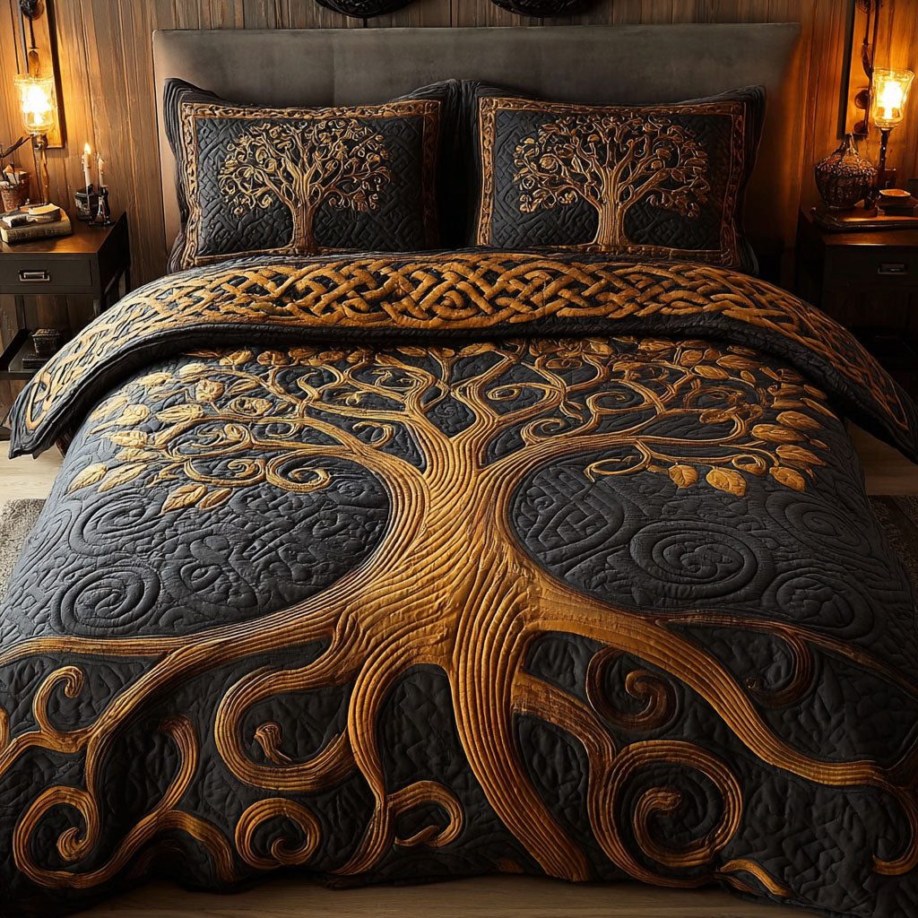Tree Haven quilted 3-piece bedding set on a made bed with two matching pillow shams