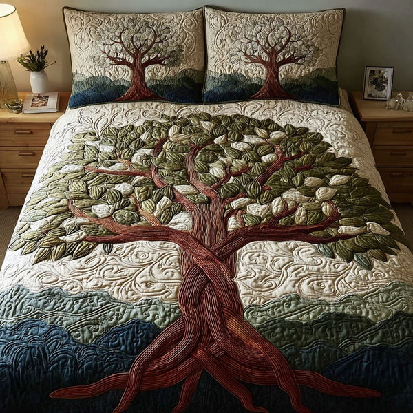 Tree Haven quilted 3-piece bedding set on a made bed with two matching pillow shams