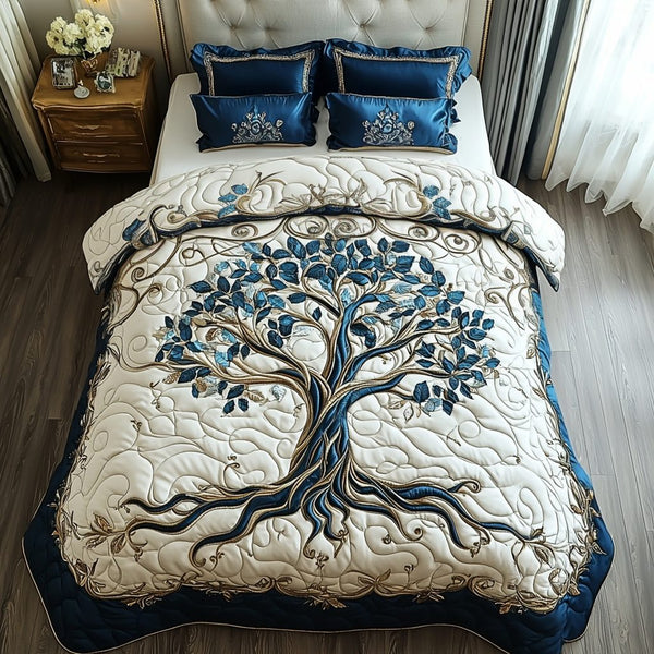 Tree of Harmony quilted 3-piece bedding set on a made bed with two matching pillow shams