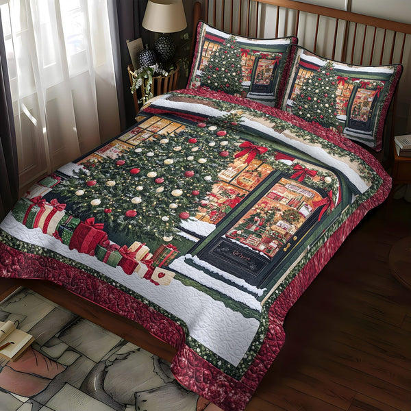 Tree of Joy quilted 3-piece bedding set on a made bed with two matching pillow shams