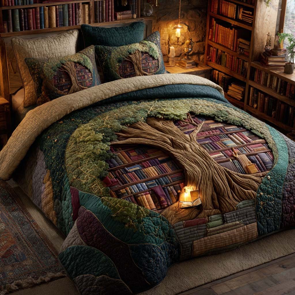 Tree of Knowledge quilted 3-piece bedding set on a made bed with two matching pillow shams