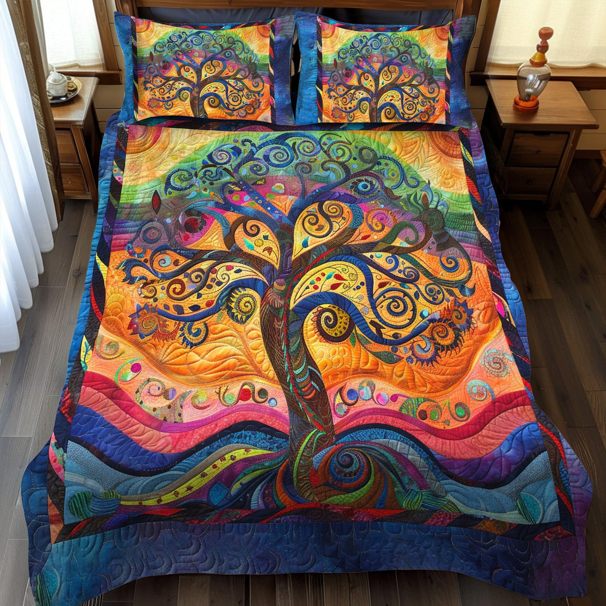 Tree of Life Patterned quilted 3-piece bedding set on a made bed with two matching pillow shams