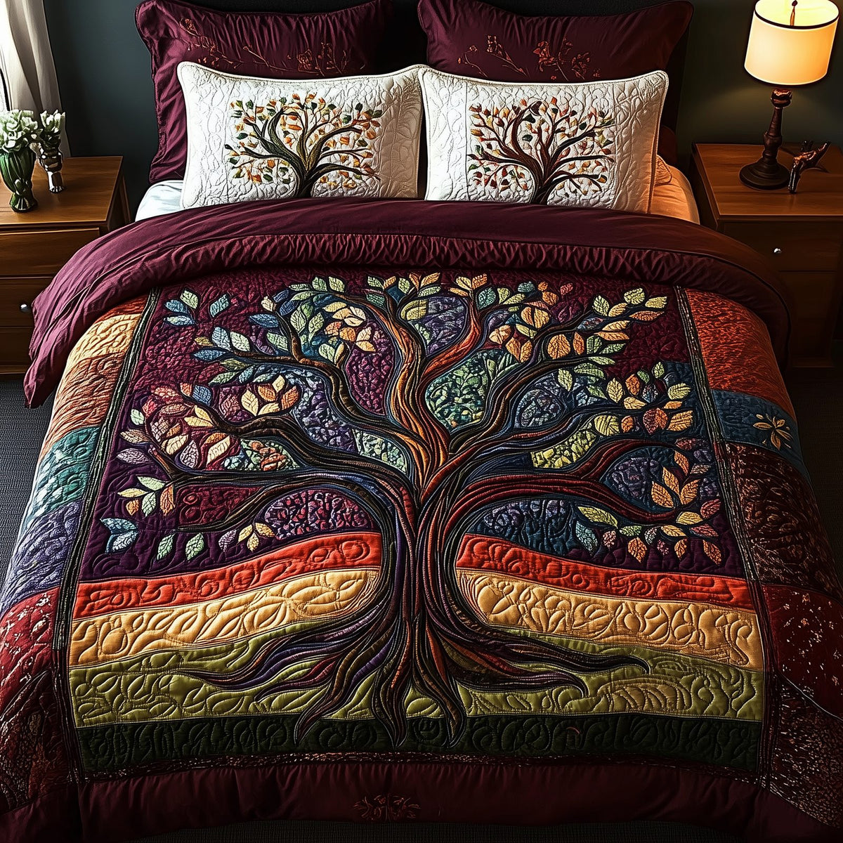 Tree Of Life quilted 3-piece bedding set on a made bed with two matching pillow shams