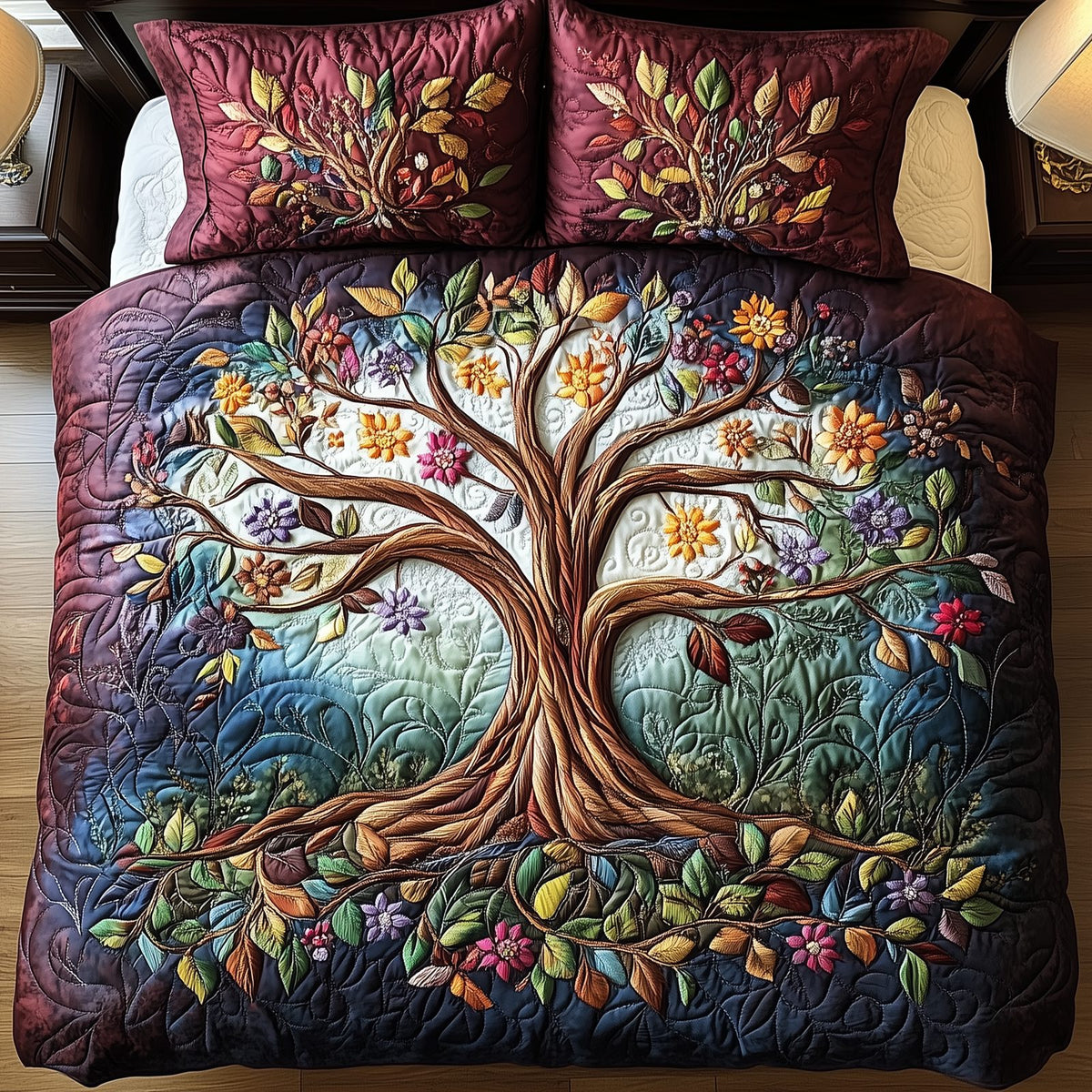 Tree Of Life quilted 3-piece bedding set on a made bed with two matching pillow shams