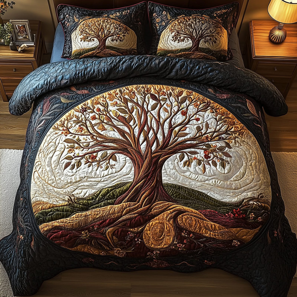 Tree Of Life quilted 3-piece bedding set on a made bed with two matching pillow shams