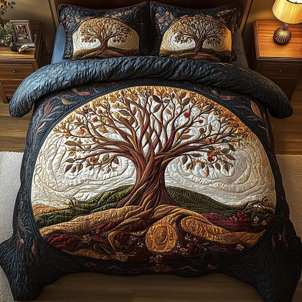 Tree Of Life quilted 3-piece bedding set on a made bed with two matching pillow shams