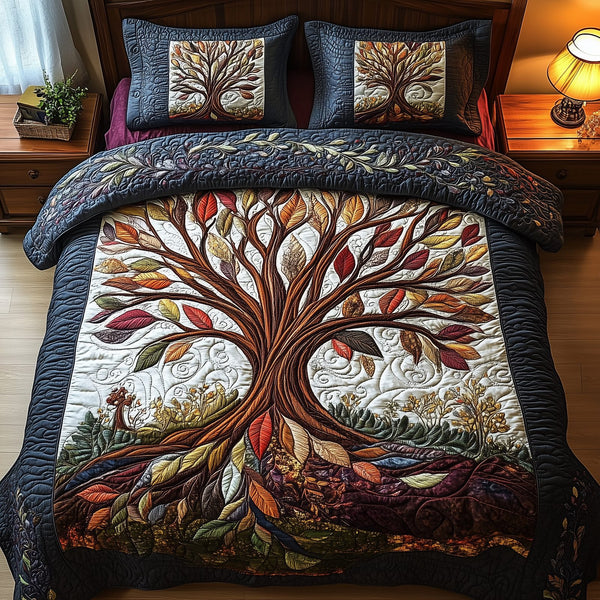 Tree Of Life quilted 3-piece bedding set on a made bed with two matching pillow shams