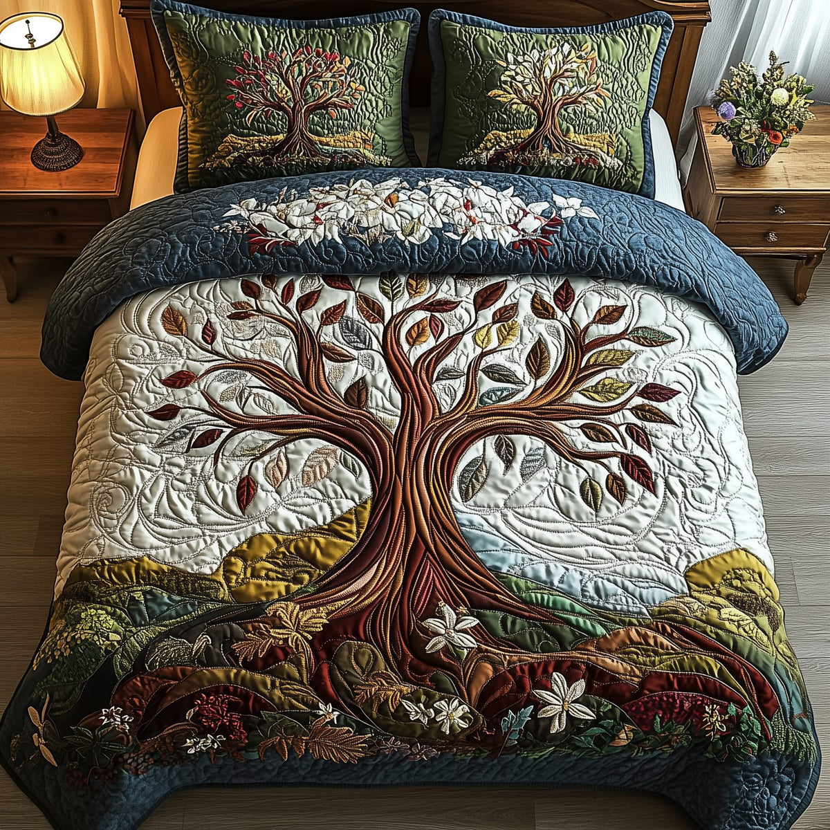 Tree Of Life quilted 3-piece bedding set on a made bed with two matching pillow shams