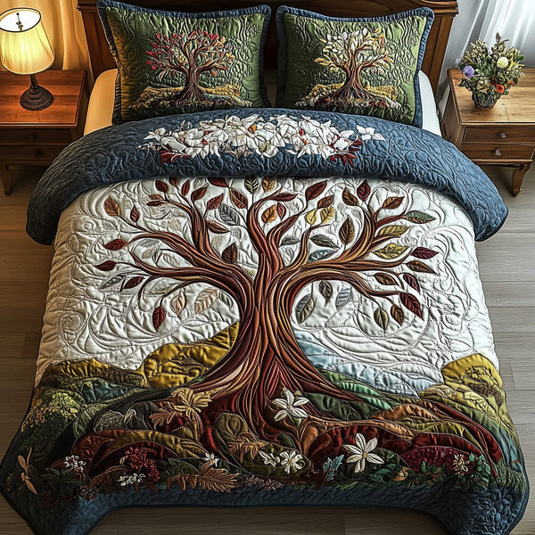 Tree Of Life quilted 3-piece bedding set on a made bed with two matching pillow shams