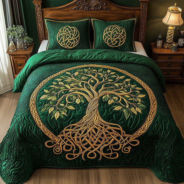 Tree Of Life quilted 3-piece bedding set on a made bed with two matching pillow shams