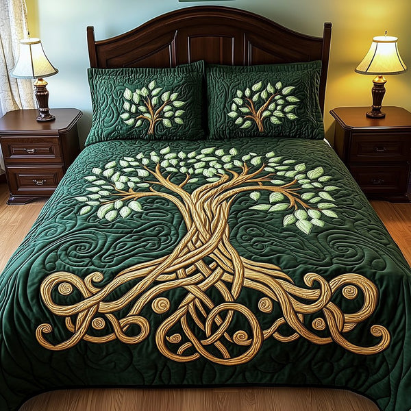 Tree Of Life quilted 3-piece bedding set on a made bed with two matching pillow shams