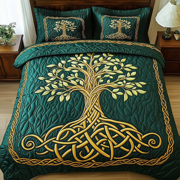 Tree Of Life quilted 3-piece bedding set on a made bed with two matching pillow shams