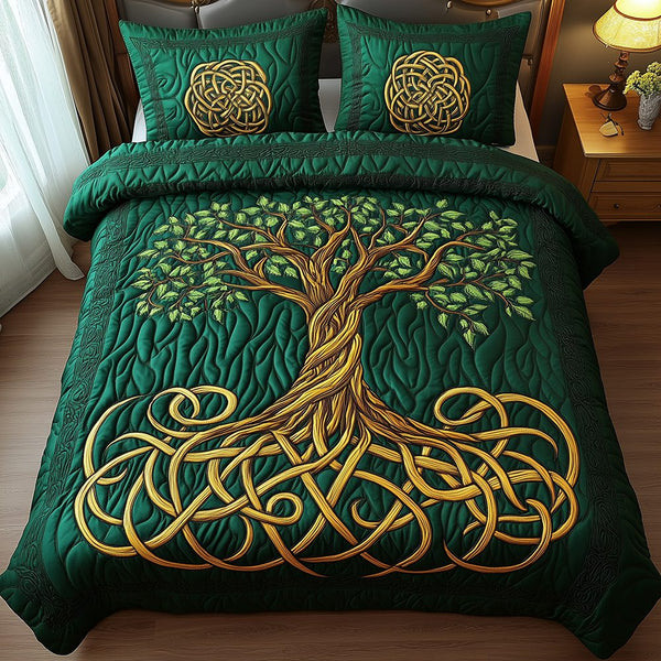 Tree Of Life quilted 3-piece bedding set on a made bed with two matching pillow shams