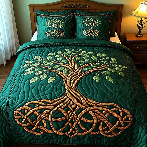 Tree Of Life quilted 3-piece bedding set on a made bed with two matching pillow shams