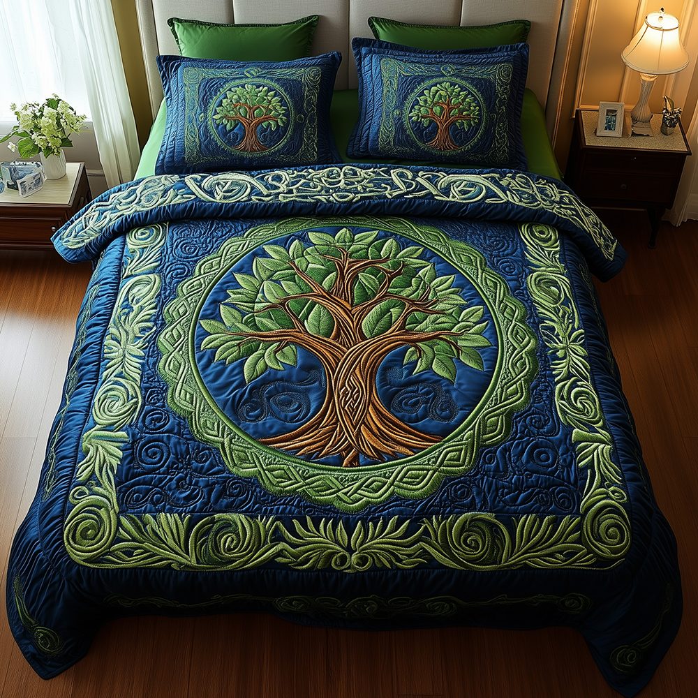 Tree Of Life quilted 3-piece bedding set on a made bed with two matching pillow shams