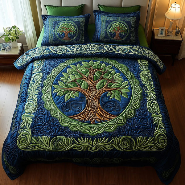 Tree Of Life quilted 3-piece bedding set on a made bed with two matching pillow shams
