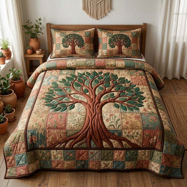 Tree Of Life quilted 3-piece bedding set on a made bed with two matching pillow shams