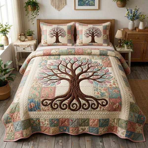 Tree Of Life quilted 3-piece bedding set on a made bed with two matching pillow shams
