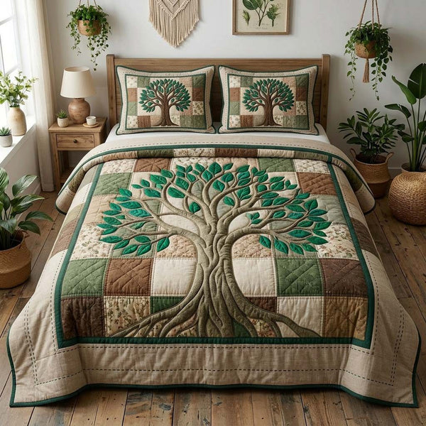 Tree Of Life quilted 3-piece bedding set on a made bed with two matching pillow shams