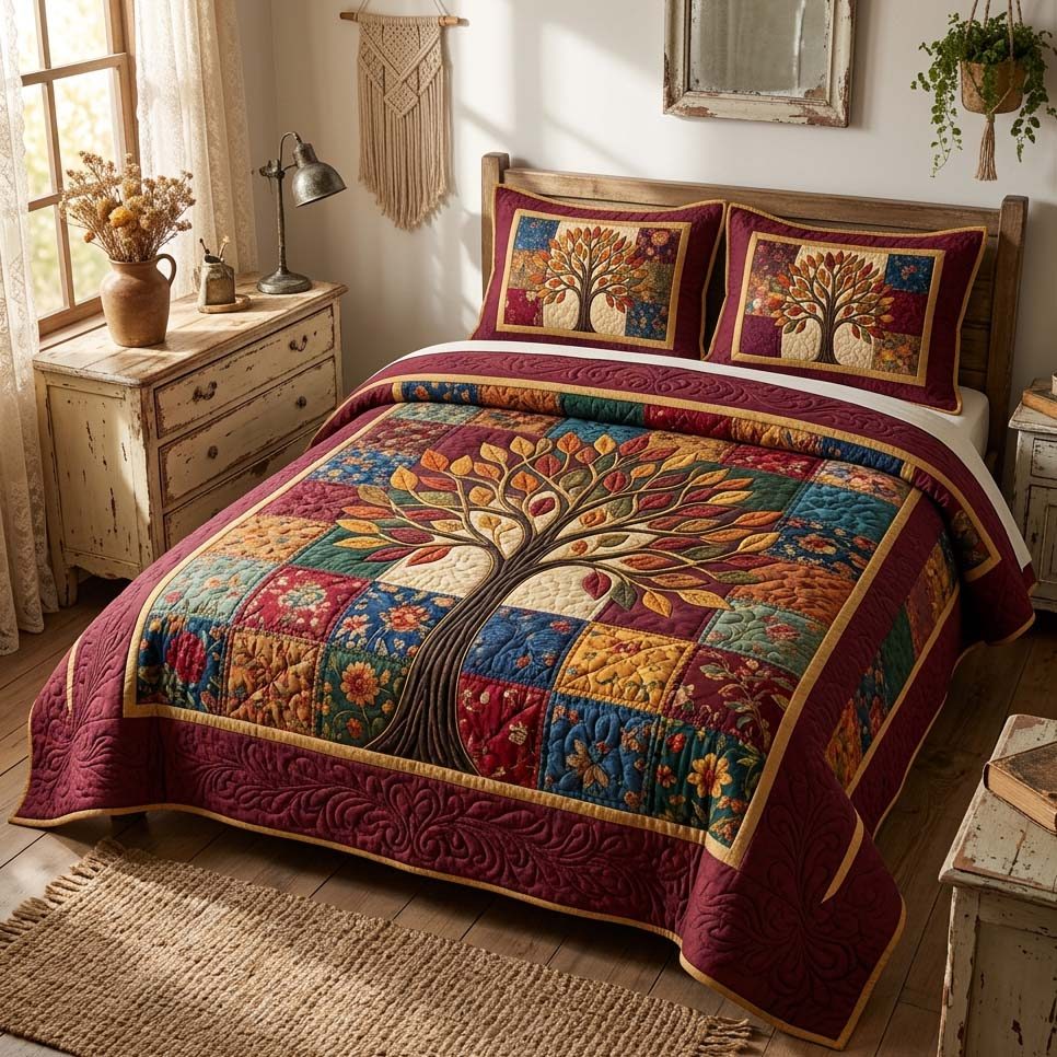 Tree Of Life quilted 3-piece bedding set on a made bed with two matching pillow shams
