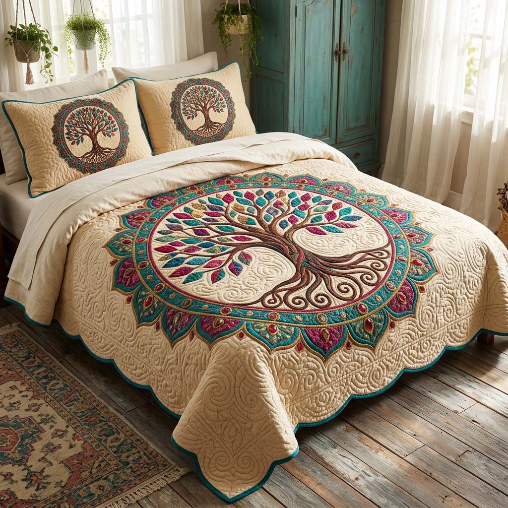 Tree Of Life quilted 3-piece bedding set on a made bed with two matching pillow shams