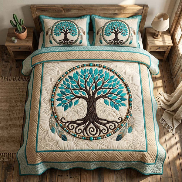 Tree Of Life quilted 3-piece bedding set on a made bed with two matching pillow shams