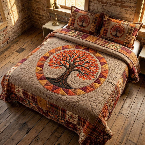 Tree Of Life quilted 3-piece bedding set on a made bed with two matching pillow shams