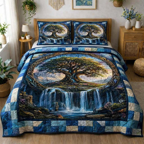 Tree Of Life quilted 3-piece bedding set on a made bed with two matching pillow shams