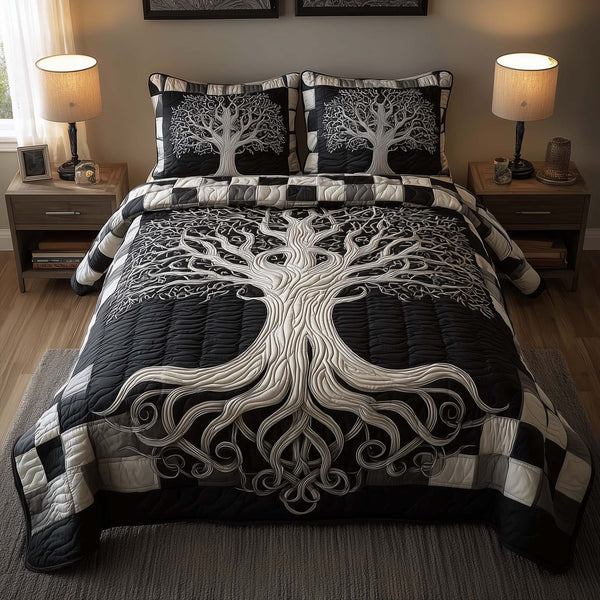 Tree Of Life quilted 3-piece bedding set on a made bed with two matching pillow shams