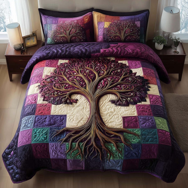 Tree Of Life quilted 3-piece bedding set on a made bed with two matching pillow shams