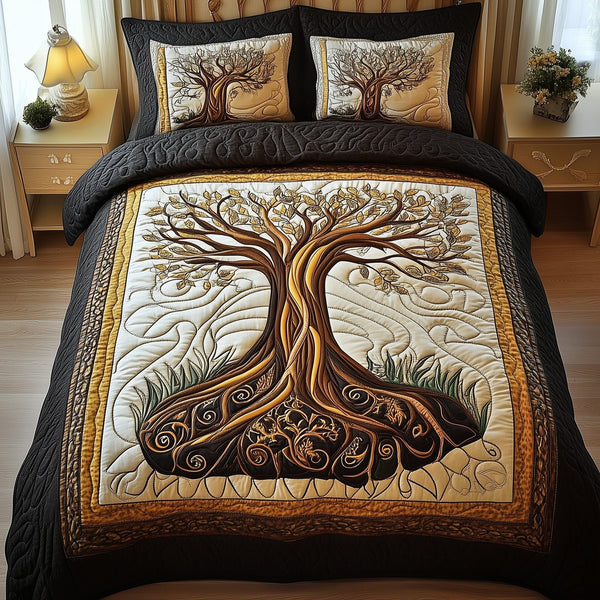 Tree Of Life quilted 3-piece bedding set on a made bed with two matching pillow shams