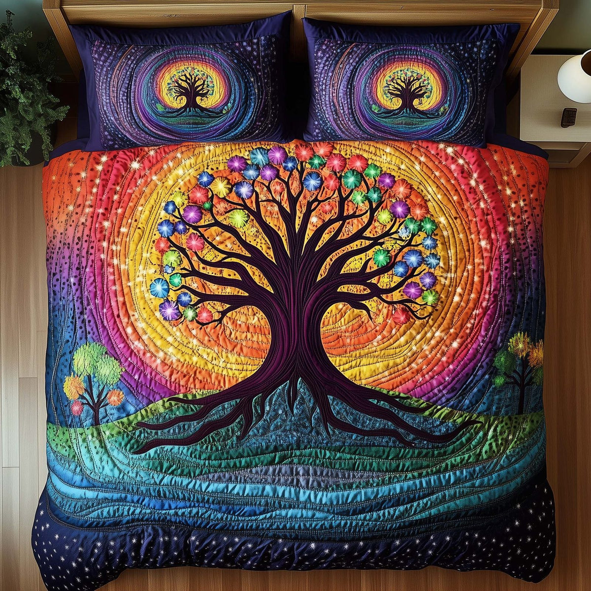 Tree Of Life quilted 3-piece bedding set on a made bed with two matching pillow shams