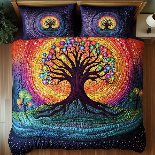 Tree Of Life quilted 3-piece bedding set on a made bed with two matching pillow shams