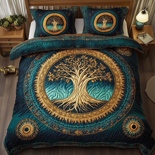 Tree Of Life quilted 3-piece bedding set on a made bed with two matching pillow shams