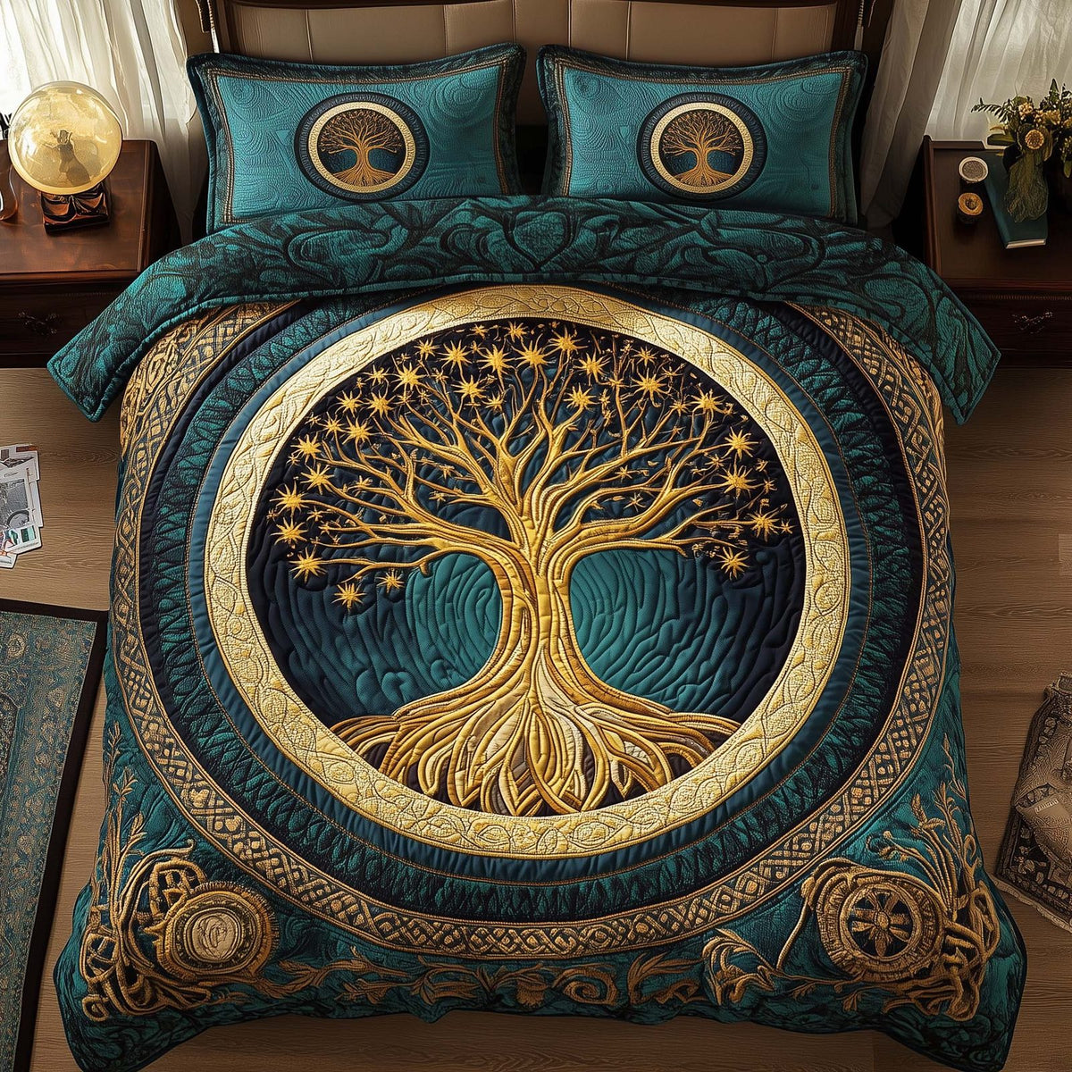 Tree Of Life quilted 3-piece bedding set on a made bed with two matching pillow shams