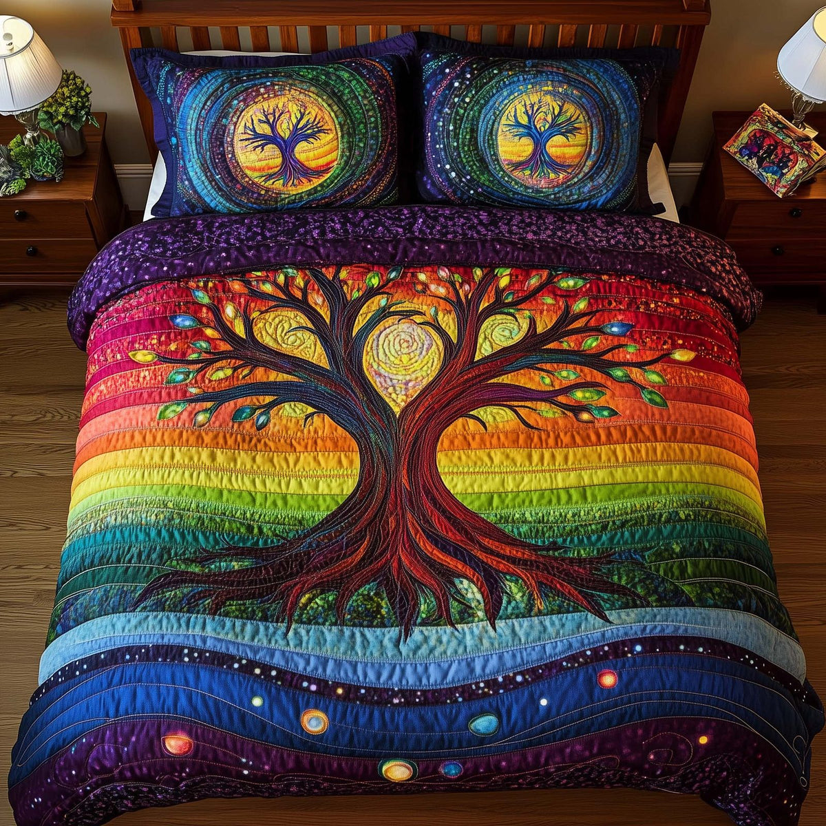 Tree Of Life quilted 3-piece bedding set on a made bed with two matching pillow shams